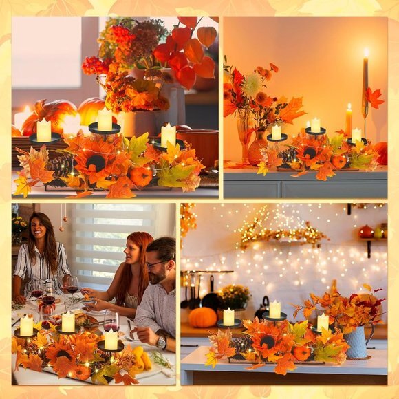 Harvest Centerpiece Thanksgiving Candle‎ Holders with 3 LED Candles and 1 String - Picture 4 of 7